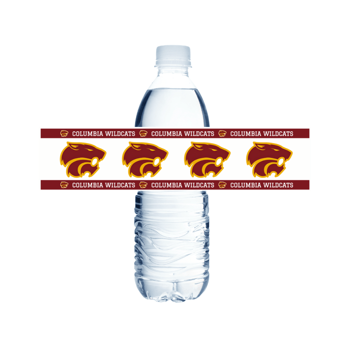 Clear plastic water bottle with maroon and gold Columbia Wildcats logo bands and text wrapped around the middle section.