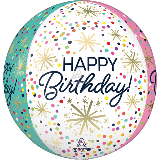 Spherical foil balloon featuring "Happy Birthday" text in navy blue, decorated with colorful confetti dots and gold starburst patterns on white background, with turquoise and pink curved sections on the sides.