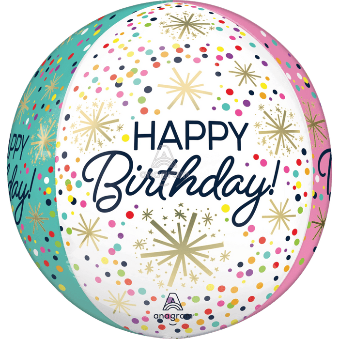 Spherical foil balloon featuring "Happy Birthday" text in navy blue, decorated with colorful confetti dots and gold starburst patterns on white background, with turquoise and pink curved sections on the sides.