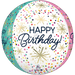 Spherical foil balloon featuring "Happy Birthday" text in navy blue, decorated with colorful confetti dots and gold starburst patterns on white background, with turquoise and pink curved sections on the sides.