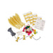Flat lay of a party decoration kit containing yellow tissue paper strips, colorful felt balls in pink, red, green, and yellow, black and white twine, gold triangle bunting, patterned instruction cards, and clear packaging materials.