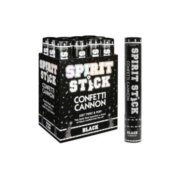 Black Spirit Stick Confetti Cannon tube with a box of multiple cannons displayed on a white background, featuring white text and instructions for twist-and-pop operation.