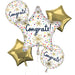 Five foil balloons in a bouquet with "Congrats" text, colorful confetti dots, and gold starburst designs, including three round balloons, one large star shape, and one small star in gold.