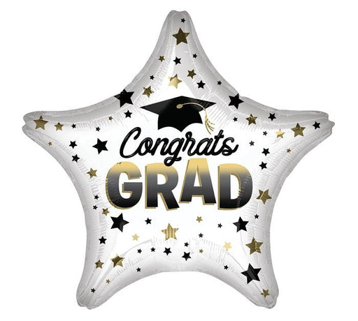 White star-shaped mylar balloon with "Congrats GRAD" in gold and black text, decorated with black and gold stars throughout.