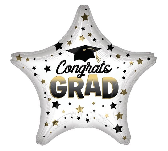 White star-shaped mylar balloon with "Congrats GRAD" in gold and black text, decorated with black and gold stars throughout.