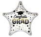 White star-shaped mylar balloon with "Congrats GRAD" in gold and black text, decorated with black and gold stars throughout.