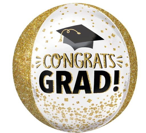 Gold glitter-trimmed spherical balloon with white center, black mortarboard icon, and "CONGRATS GRAD" text in gold and black lettering.