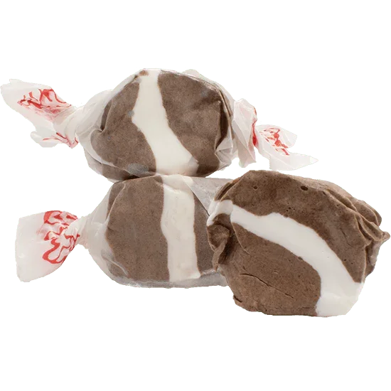 Two brown and white striped salt water taffy candies wrapped in clear cellophane with red printed labels.