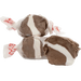 Two brown and white striped salt water taffy candies wrapped in clear cellophane with red printed labels.