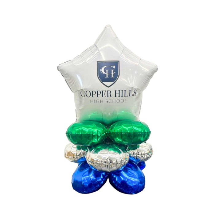 White star-shaped foil balloon with Copper Hills High School logo and text, topped with green, silver, and blue round foil balloons arranged in a cascading cluster.