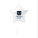 White star-shaped balloon with a logo and text on a white background