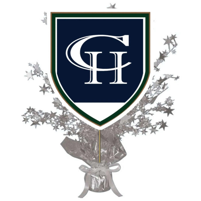 Navy shield with white "CH" logo and green border sits atop a silver metallic spray centerpiece with stars and ribbon bow.