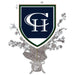 Navy shield with white "CH" logo and green border sits atop a silver metallic spray centerpiece with stars and ribbon bow.