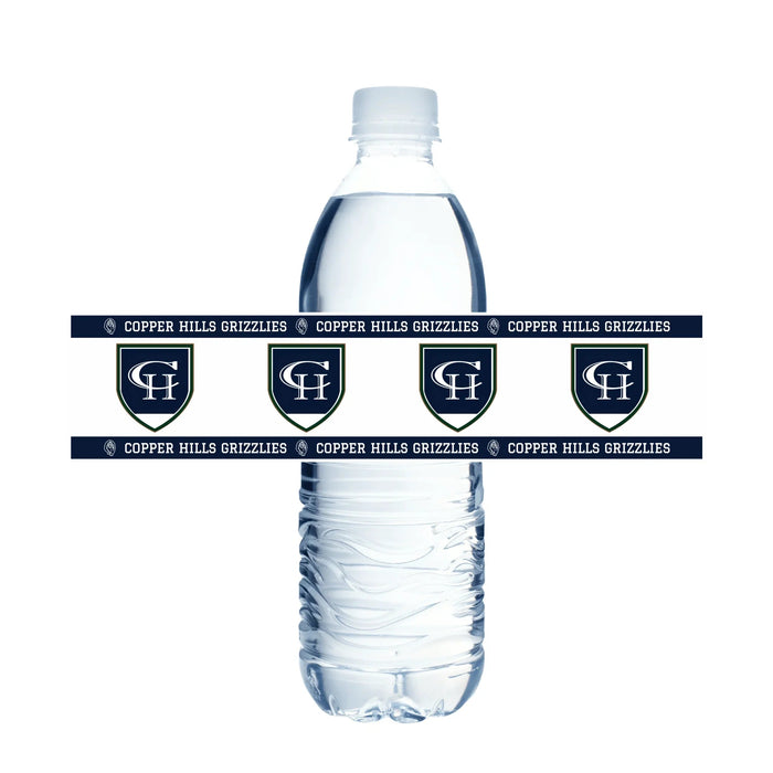 Clear plastic water bottle with navy and white Copper Hills Grizzlies logo bands and shield emblems wrapped around the middle section.