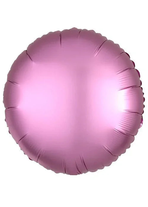 Round satin balloon in flamingo pink with a metallic sheen and gathered edges, measuring 18 inches in diameter.