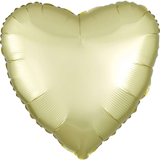 Pale yellow satin finish heart-shaped mylar balloon with radiating ridge texture and scalloped edges throughout.