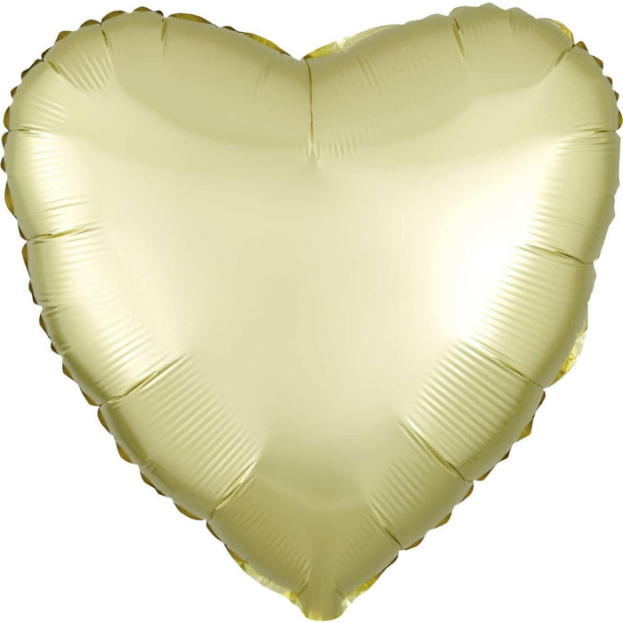 Pale yellow satin finish heart-shaped mylar balloon with radiating ridge texture and scalloped edges throughout.