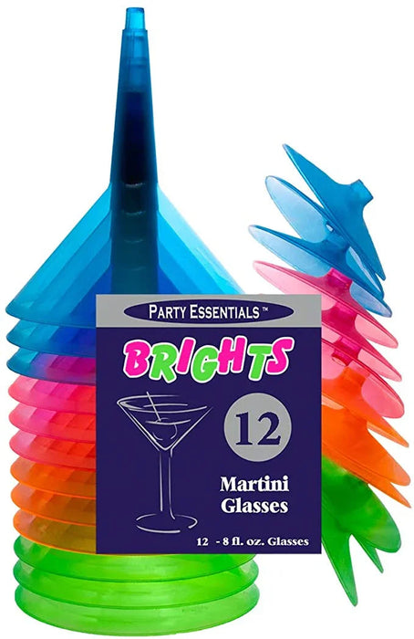 Party Essentials Brights package containing 12 neon plastic martini glasses in blue, pink, orange, and green with a colorful cone-shaped display tower.