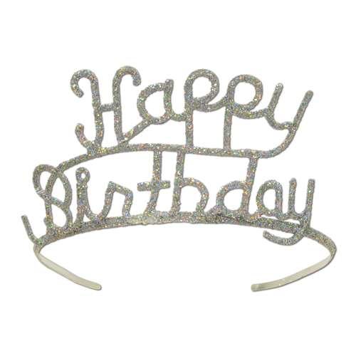 Silver glittery tiara with curved "Happy Birthday" text design and adjustable band.