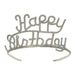 Silver glittery tiara with curved "Happy Birthday" text design and adjustable band.