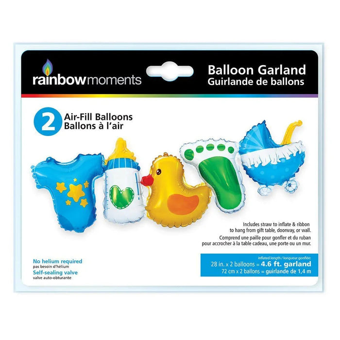 Packaging for a 2-piece air-fill balloon garland set featuring a blue onesie, baby bottle, yellow duck, green pacifier, and blue airplane design in bright colors.