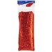 Red sequined table runner with shimmering sparkle finish displayed in clear packaging with blue header label showing product dimensions.