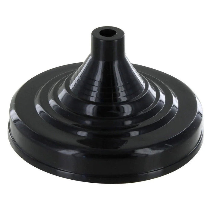 Black plastic flag base with a wide circular foot, central cone-shaped stem, and single hole opening at the top for inserting flag poles.