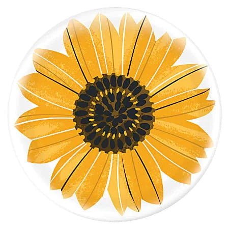 Round plastic charger plate featuring a bright yellow sunflower with black center and veining detail on a white background.
