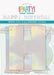Iridescent Happy Birthday letter banner in pastel colors measuring 7.25 feet long, shown packaged with the letters visible through the clear plastic window.