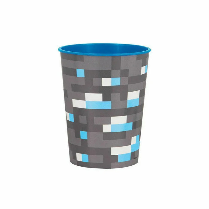 Gray plastic cup with pixelated blue and white square pattern design and solid blue rim, inspired by Minecraft video game aesthetics.