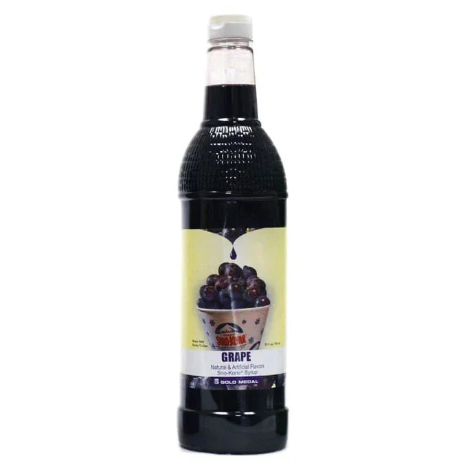 A 25oz bottle of dark purple grape-flavored syrup with a yellow label featuring an image of grapes in a container and white text indicating natural and artificial flavors.