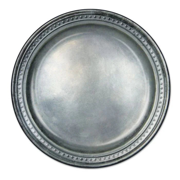 Silver-gray pewter paper plates with a beaded rim border, shown as a single plate from above.