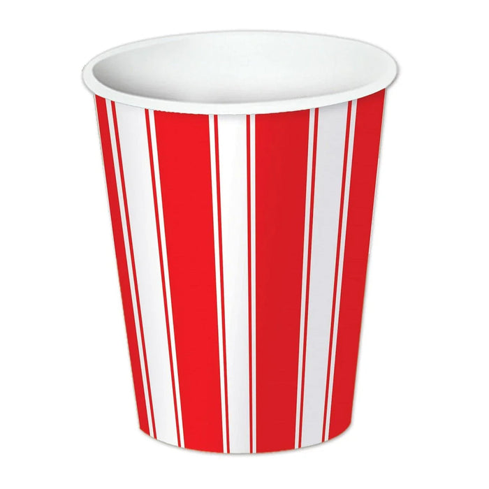 Red and white vertically striped paper cup with white interior, featuring alternating wide red panels and narrow white stripe sections.