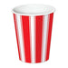 Red and white vertically striped paper cup with white interior, featuring alternating wide red panels and narrow white stripe sections.