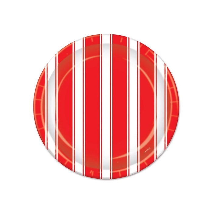 Red and white vertical striped paper plate with a glossy finish and decorative rim detail.