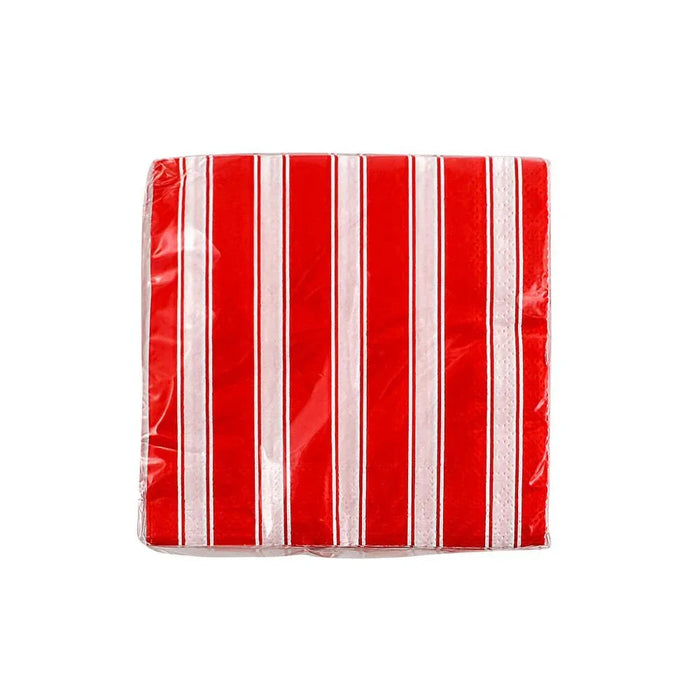 Stack of red and white striped beverage napkins with alternating vertical stripes in a clear plastic package.