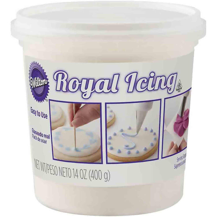 Wilton Royal Icing white frosting in a 14 oz plastic container with a clear lid, featuring instructional photos on the label showing piping techniques on decorated cookies.