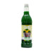 Green glass bottle filled with bright green lemon-lime flavored syrup, featuring a yellow and white label with a bowl of lemons and limes, and gold medal branding.