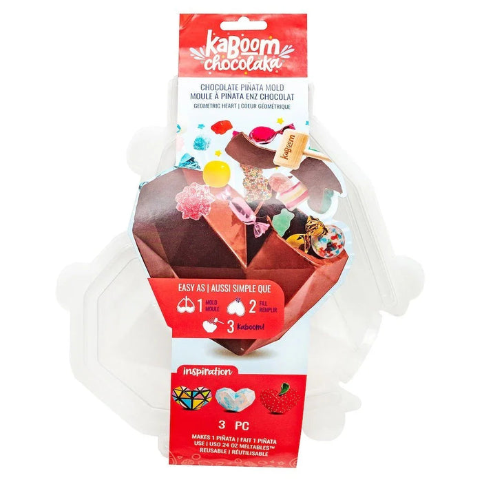 Kaboom Chocolaka chocolate piñata mold packaging featuring a geometric heart-shaped silicone mold in red and brown with colorful candies and decorations displayed above it.