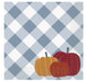 Blue and white gingham patterned napkins with an orange pumpkin and red apples illustrated in the corner.