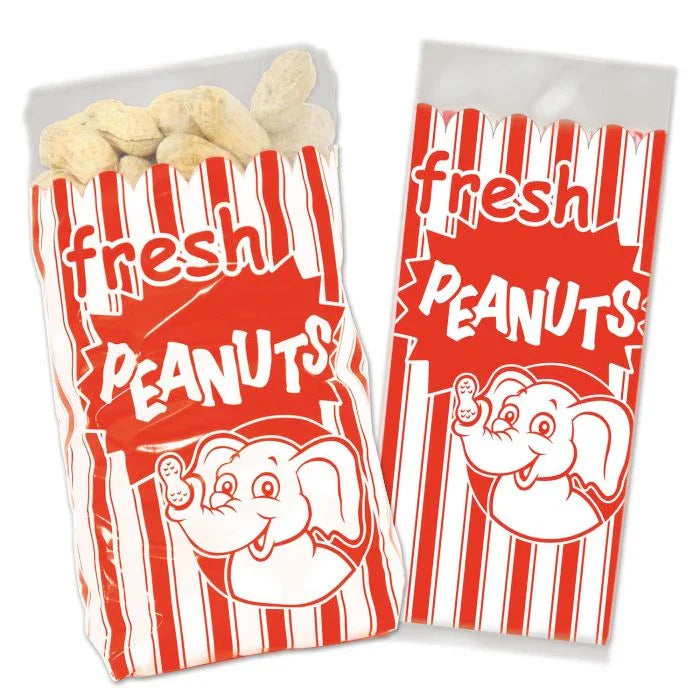 Two red and white striped peanut bags with elephant cartoon mascots and "fresh peanuts" text, one filled with peanuts and one empty.