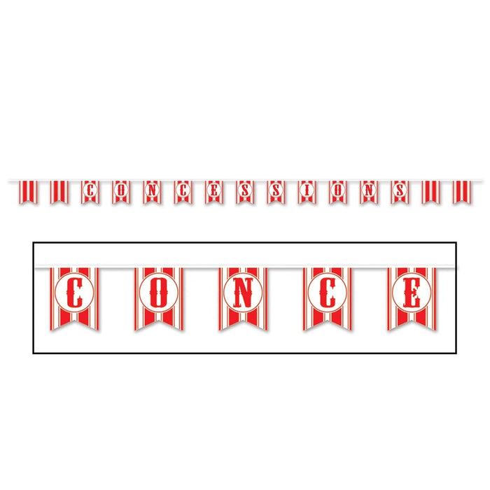 Red and white striped fabric pennant banner spelling "CONCESSIONS" with decorative stripes on end flags, approximately 10 feet long.