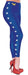 Blue full-length leggings with white stars down the sides, yellow Wonder Woman logo on upper right, paired with red glitter platform heels.