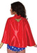 Red satin cape with gold Wonder Woman logo on back, shown from behind on a model wearing star-patterned shorts.