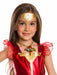 Child wearing a red and gold Wonder Woman costume with a gold tiara featuring a white star, red tulle shoulder ruffles, and a light-up necklace with a gold emblem and colored gems.