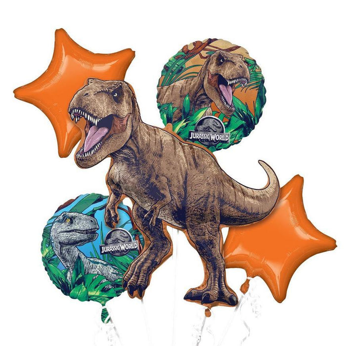 Jurassic World foil balloon bouquet featuring a large brown T-Rex dinosaur in the center surrounded by four orange four-pointed star balloons and two circular dinosaur-themed balloons with green foliage designs.