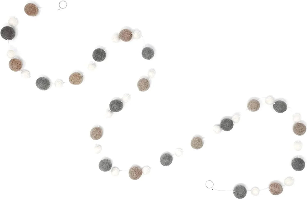 Gray and tan pompoms connected by white string in a 6-foot garland arranged in a loose loop display on a white background.