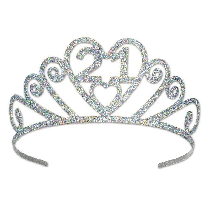 Sparkly silver glitter tiara with "21" in the center and heart shape, featuring curved decorative points across the crown.