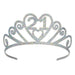 Sparkly silver glitter tiara with "21" in the center and heart shape, featuring curved decorative points across the crown.