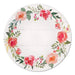 Round white paper plate with a watercolor floral wreath border featuring pink, red, and peach roses with green leaves and a white shiplap wood texture center.